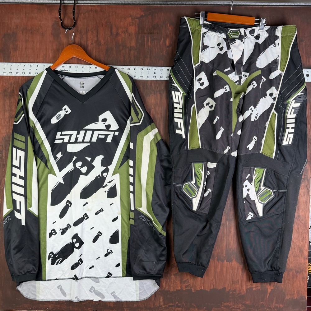Shift Assault Motocross Gear Set Mens XXL Jersey 38 Pants Green Black Bomb Print